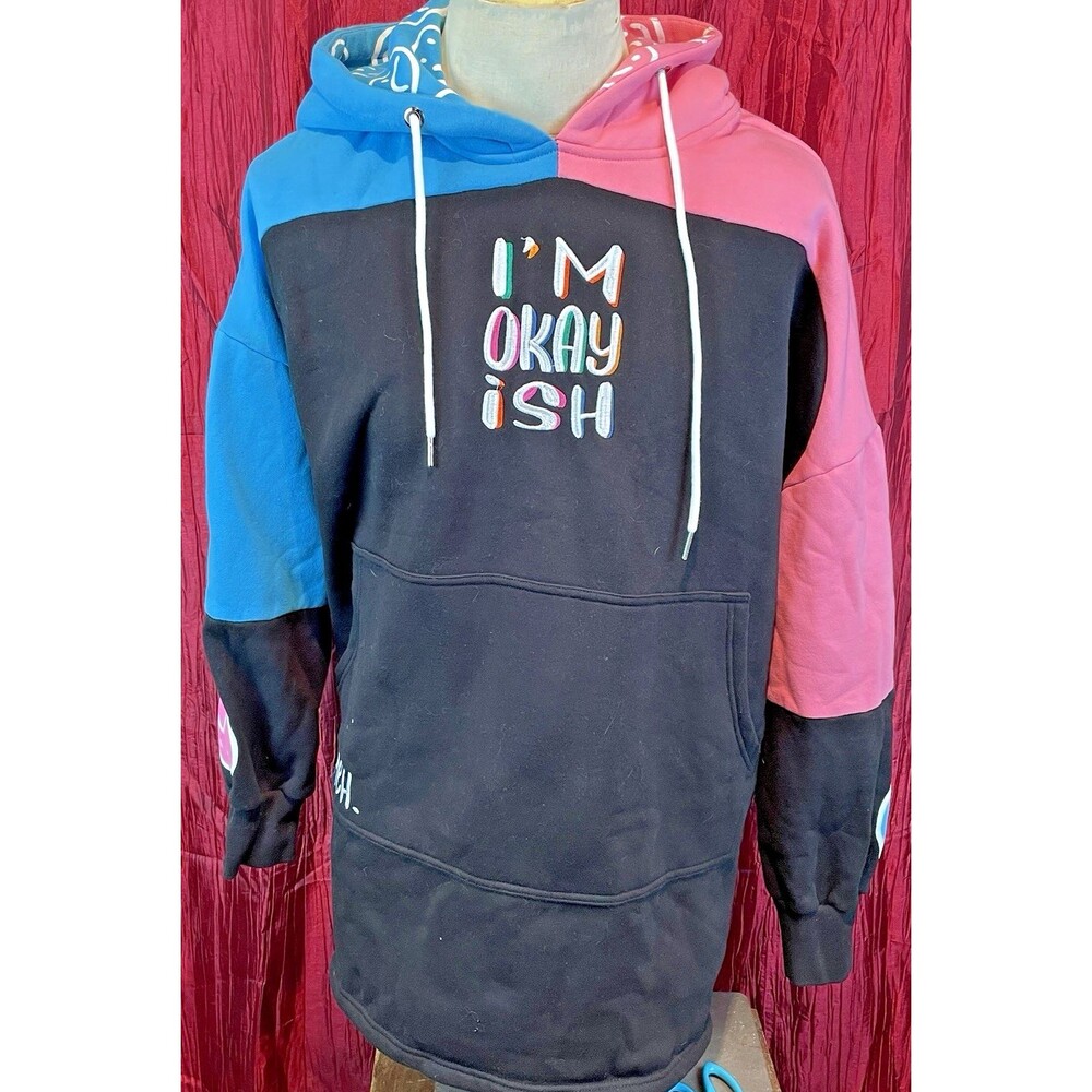 I'M OKAY ISH Colorblock Embroidered Graphic Pullover Hoodie Sweatshirt sz 3XL